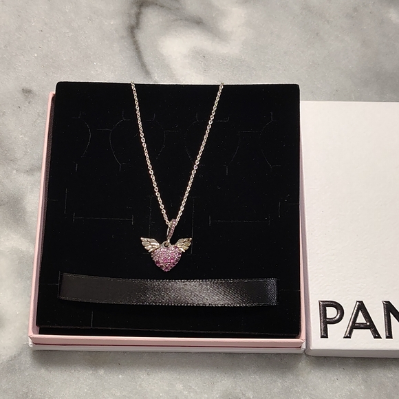 Pandora Silver Necklace with Pink Heart and Wings - Picture 6 of 6